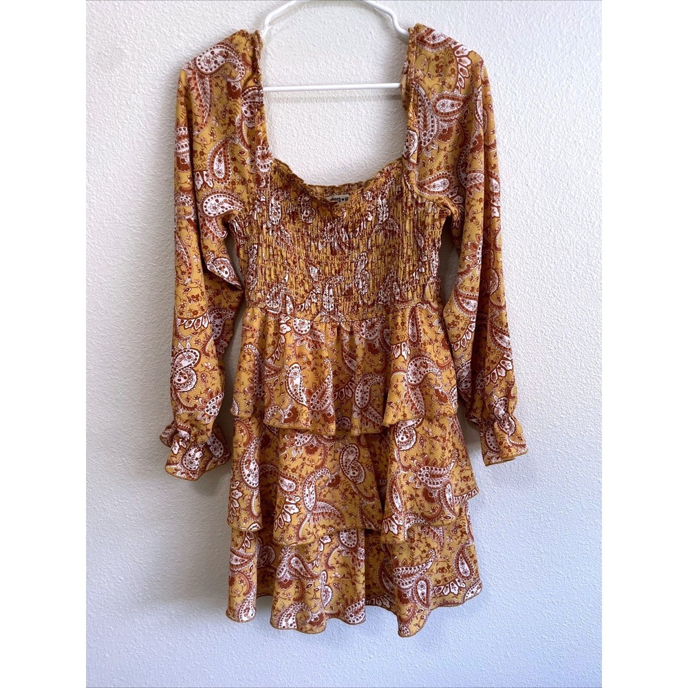 Inspired Hearts Women Med Paisley Print Dress‎ Smocked Tiered Ruffle Long Sleeve
